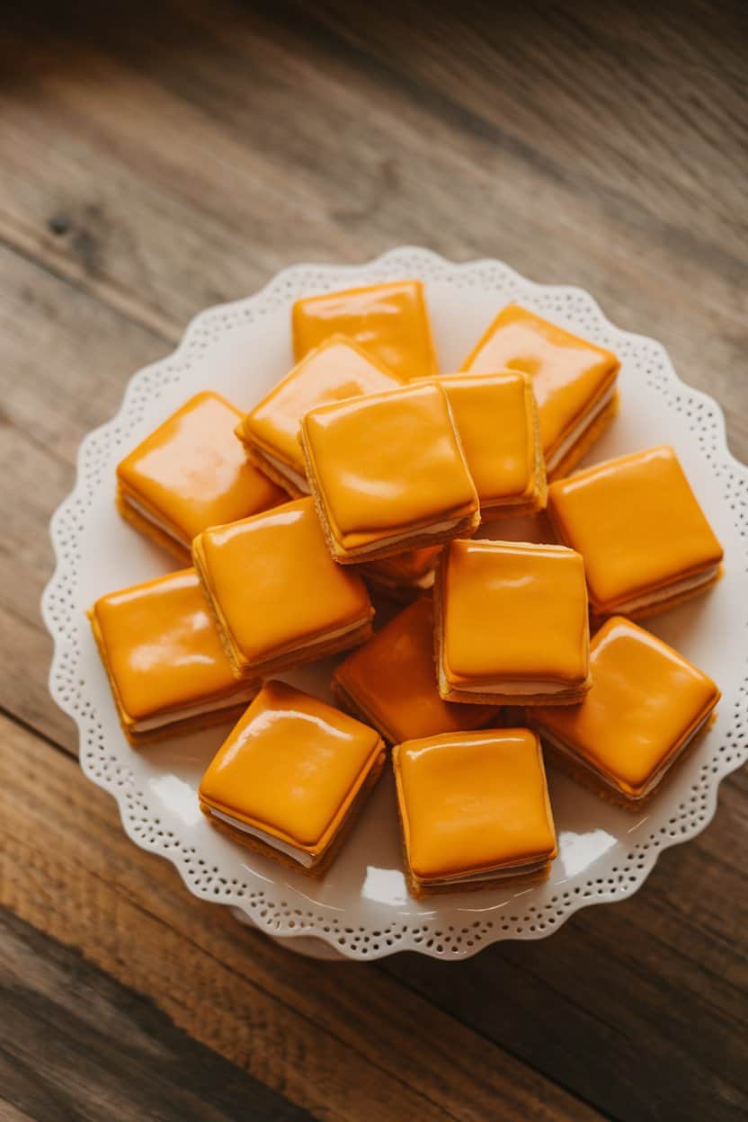 Photo of cube-shaped orange cookies with smooth glossy icing, set on an indoor white platter. No text or logos anywhere.