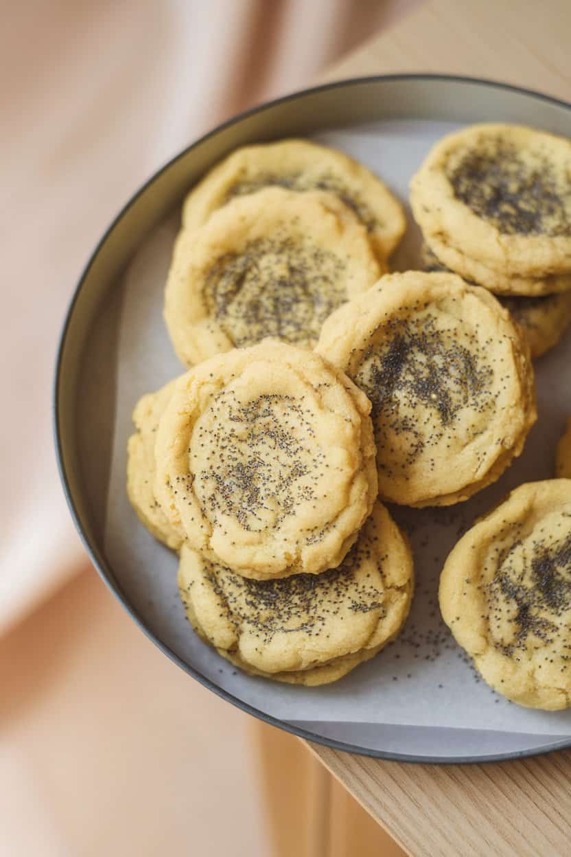 Indoor photo of pale yellow vegan cookies flecked with poppy seeds on a simple tray, no text or logos