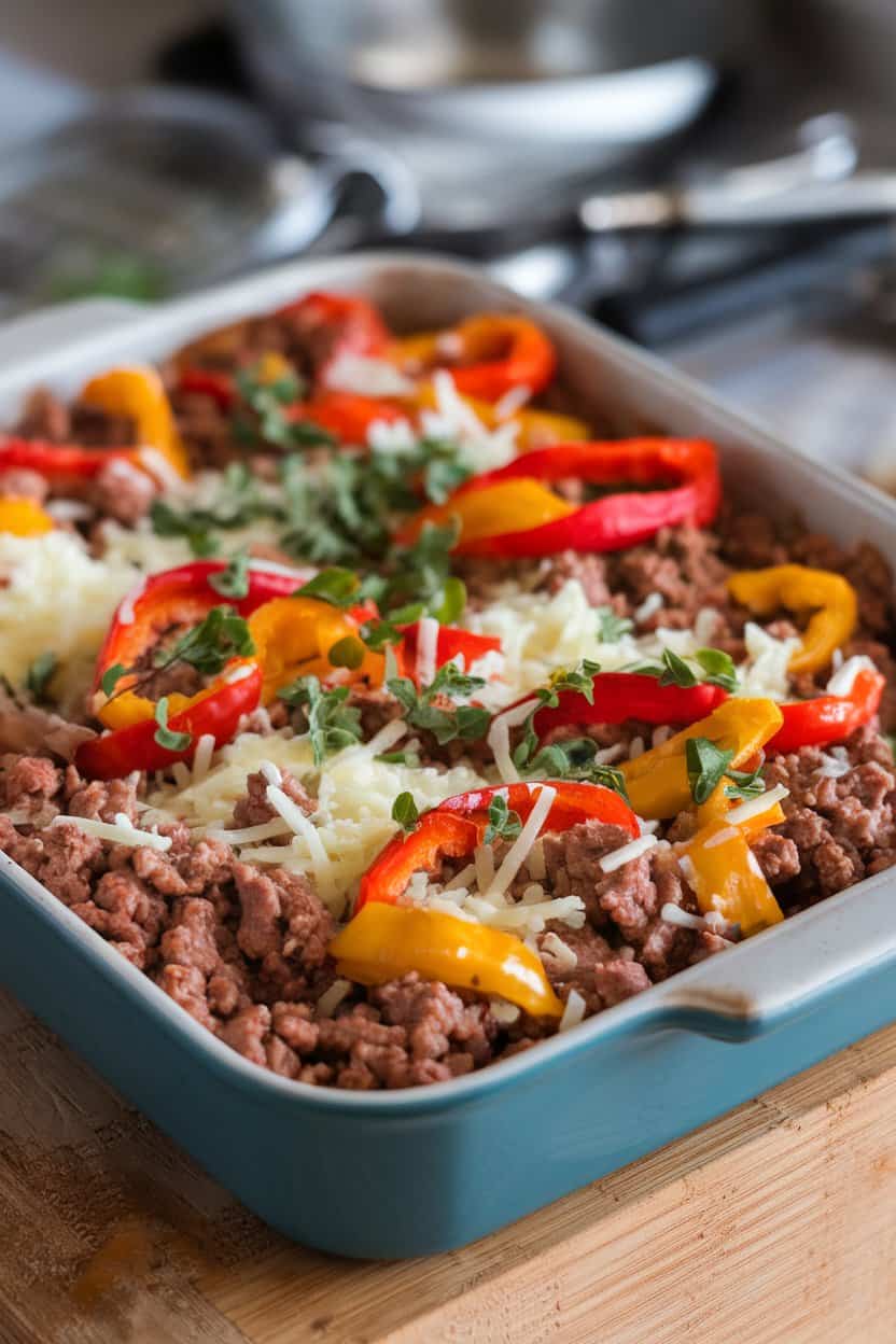 An indoor baking dish of colorful mini bell peppers filled with seasoned ground beef and cheese, melted on top. No logos.