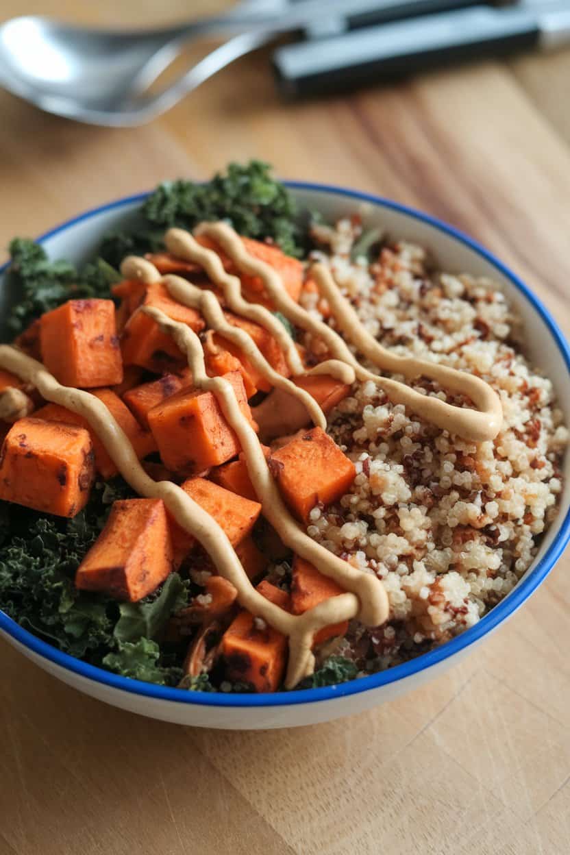 Indoor bowl with roasted sweet potato cubes, kale, quinoa, and peanut sauce drizzle, no text or logos in view.