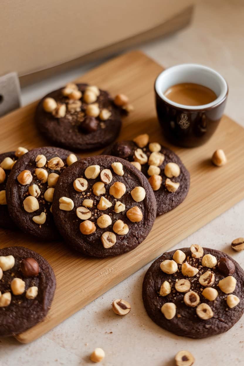 Indoor photo of dark vegan cookies dotted with chopped hazelnuts and espresso grounds, small cup of espresso nearby, no text or logos
