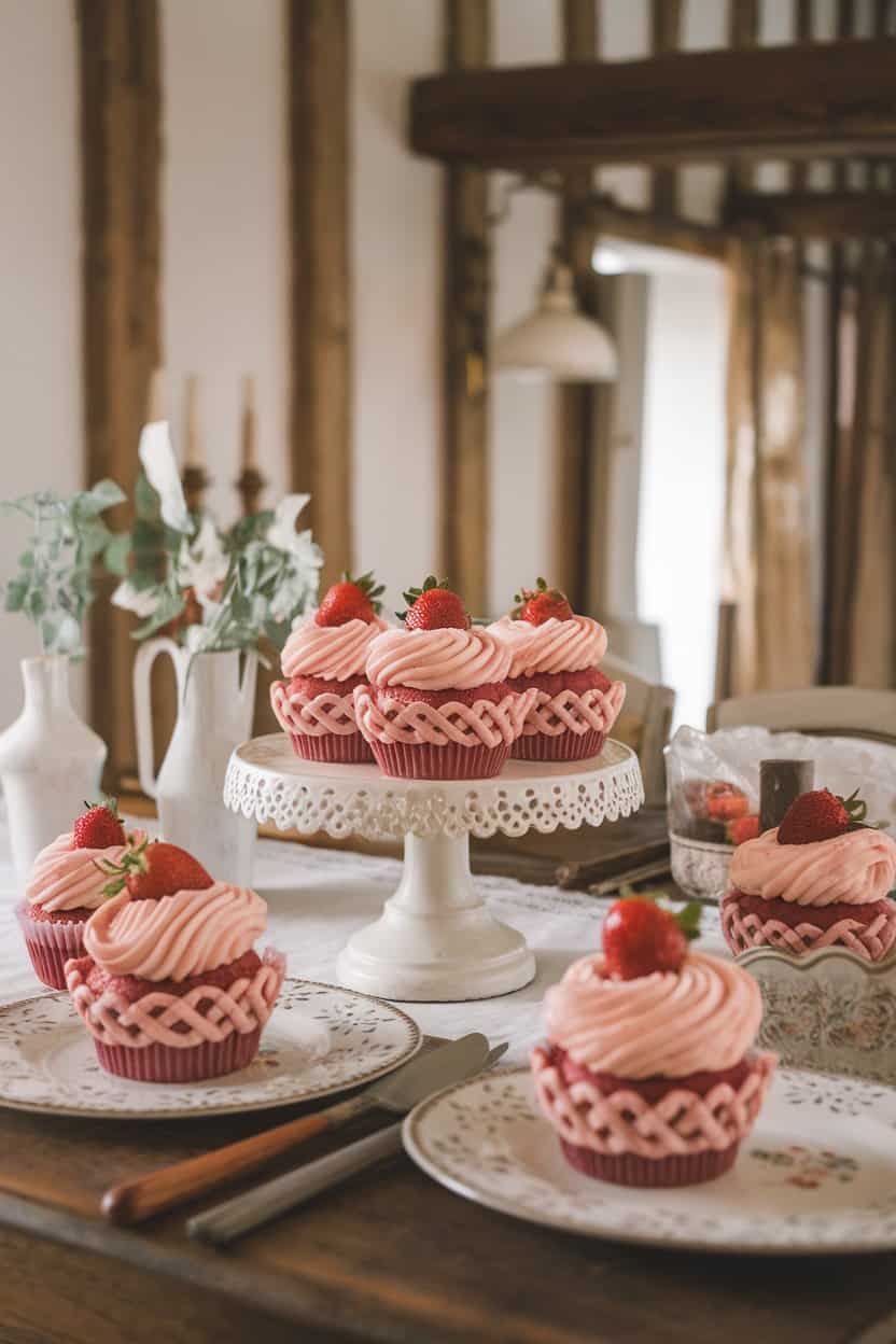An indoor farmhouse table with strawberry cupcakes topped with pale pink frosting and a fresh berry, frosting piped to resemble a woven basket. No text or logos.