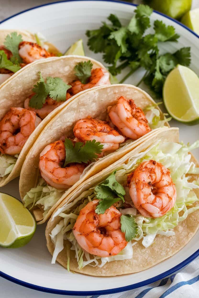 Indoor plate with three soft tacos filled with Cajun-spiced cooked shrimp, shredded cabbage, and lime wedges. Photo, no text or logos.