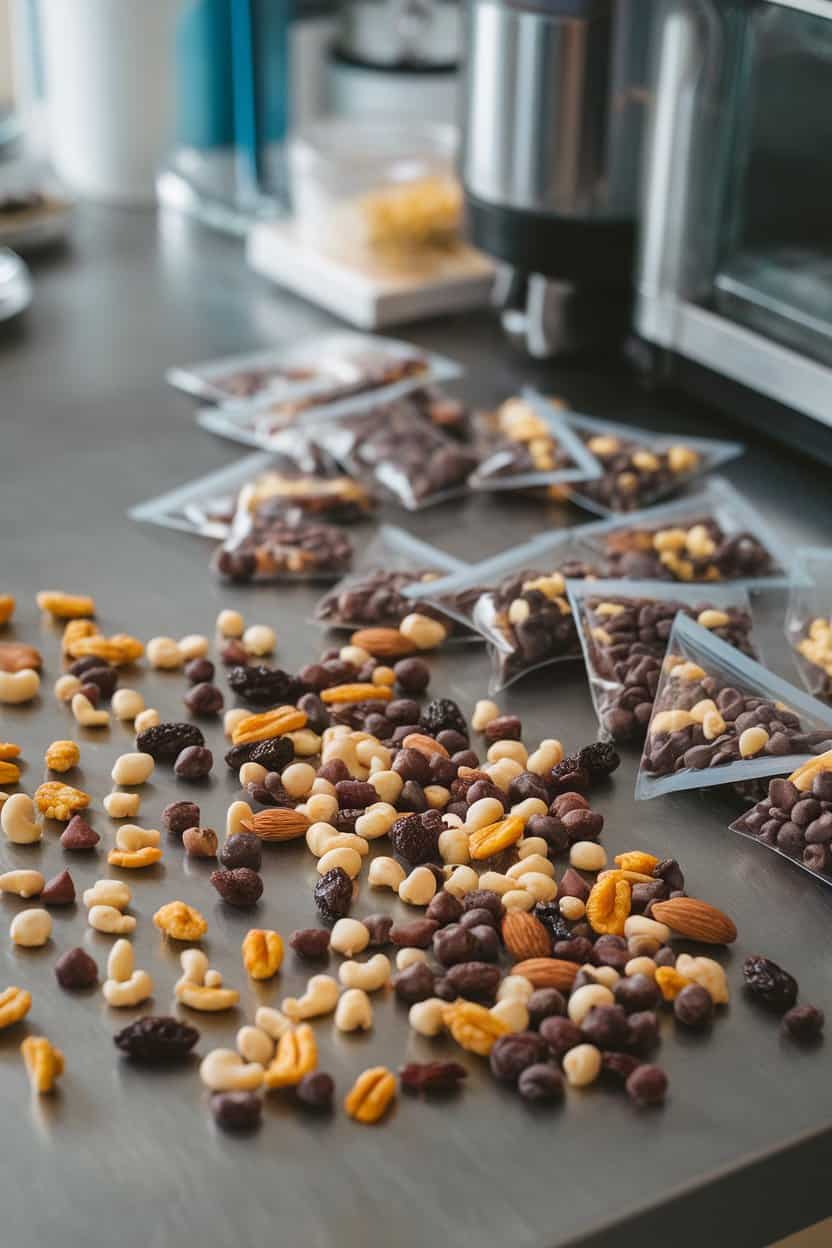 Indoor photo of assorted nuts, dried fruit, and dark chocolate chips scattered on a kitchen counter beside small zip pouches being filled; no text or logos anywhere.