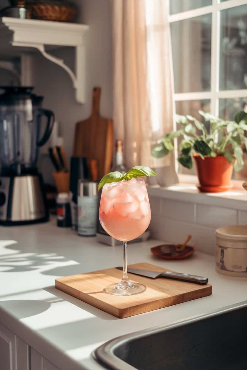 Photo of an indoor kitchen counter holding a stemless wine glass of pale pink watermelon drink, shards of ice, bright basil leaf floating on top; summer sunlight through window but still indoor; no text or logos