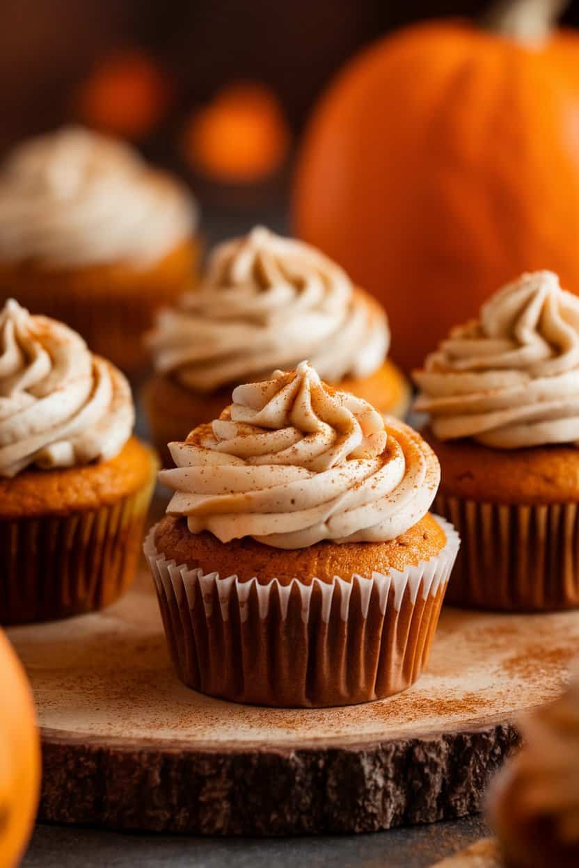 Indoor photo of three pumpkin cupcakes on a wooden board, piped with maple frosting and dusted with cinnamon. Gentle autumnal lighting, no text or logos.