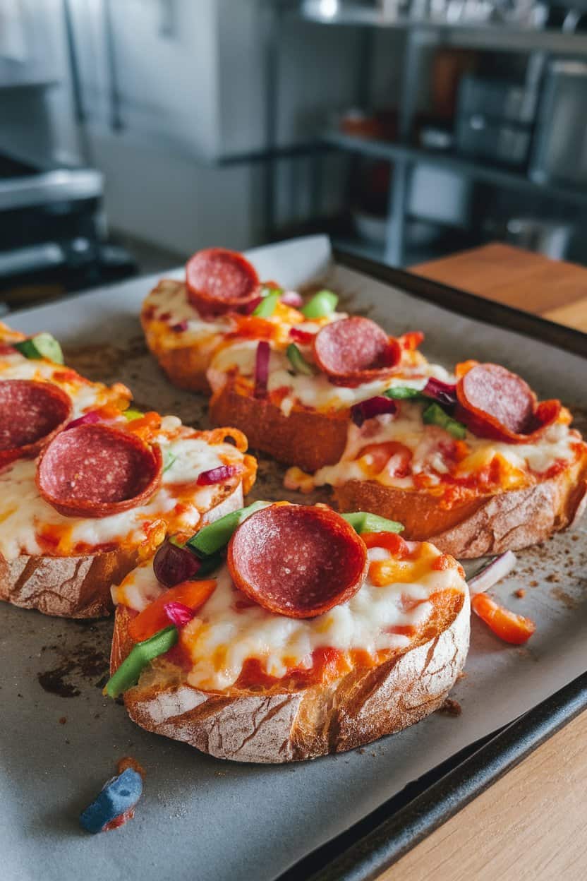 An indoor baking sheet holding sliced French bread topped with melted cheese, pepperoni, and colorful vegetables. Soft kitchen lighting, no logos. Photo only.