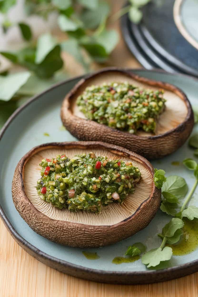Indoor platter holding two sliced portobello caps brushed with chimichurri sauce, char marks visible, no text or logos.