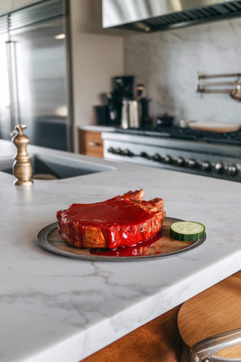 An indoor kitchen island with pork chops coated in thick red gochujang glaze, thin cucumber slices arranged nearby, no text or logos. Photo only.