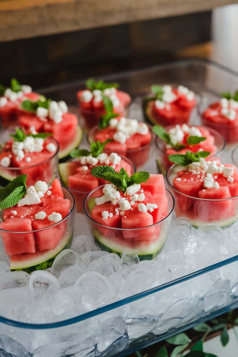 An indoor reception table with small clear cups containing watermelon heart chunks, crumbled feta, and mint leaves. No text or logos present.