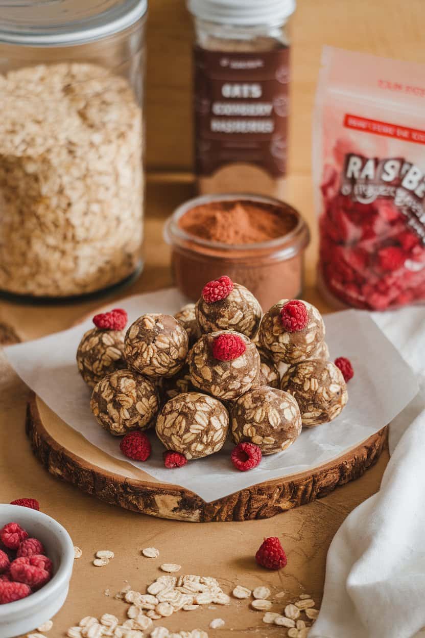 An indoor fitness snack station featuring a wooden board with cocoa oat energy balls dotted with freeze-dried raspberry bits. No text or logos anywhere.