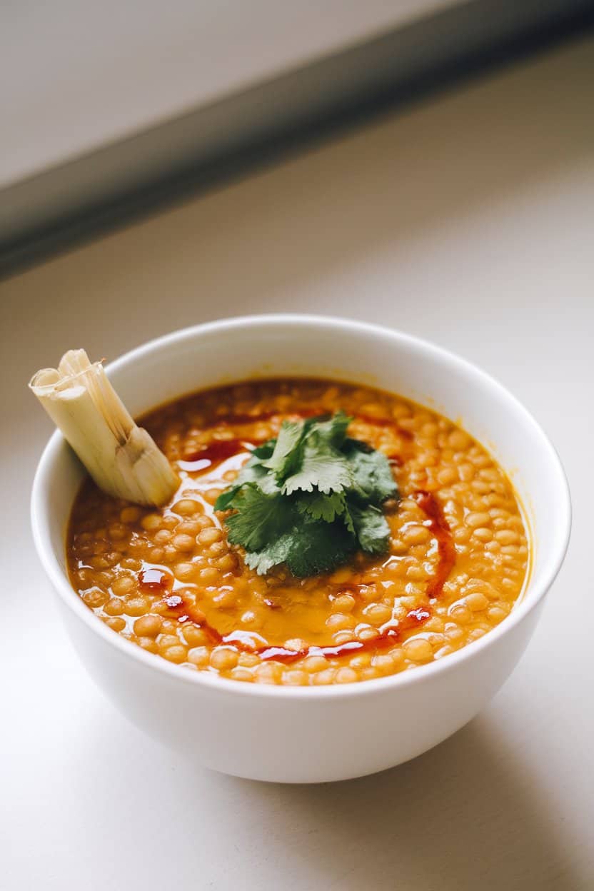 A white soup bowl indoors filled with golden lentil soup, lemongrass stalk peeking, cilantro and chili oil drizzle, no text or logos.
