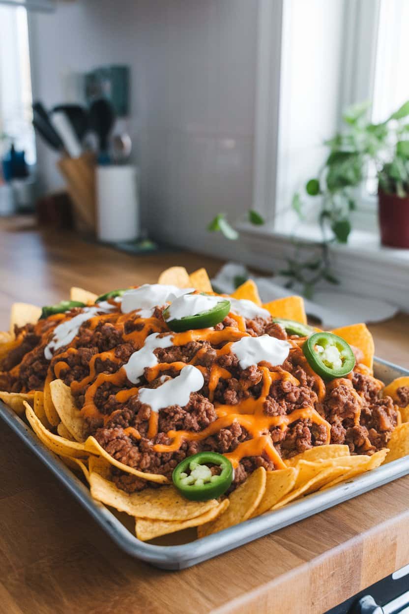 A metal sheet pan on an indoor kitchen island piled high with tortilla chips, melted cheddar, seasoned ground beef, jalapeño slices, and a drizzle of sour cream. No text or logos in the frame.
