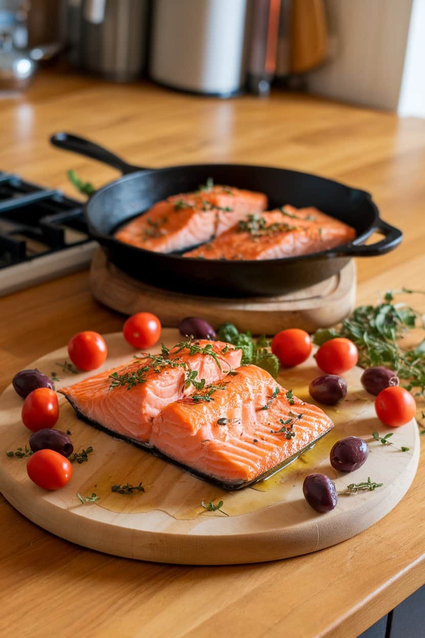 Photo of an indoor kitchen island showing a skillet of cooked salmon surrounded by cherry tomatoes, Kalamata olives, and fresh herbs in light olive oil. No text or logos.