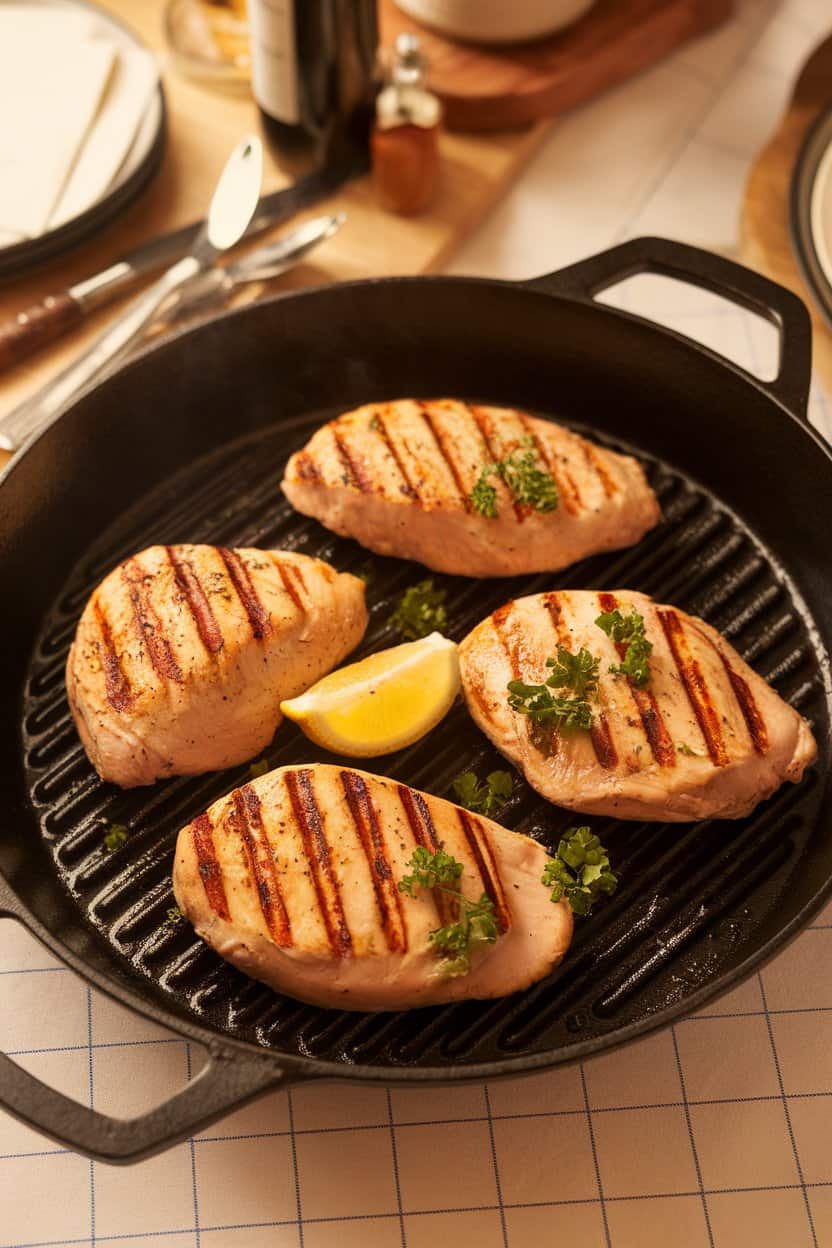 An indoor dining table showing a sizzling cast-iron grill pan with cooked chicken breasts marked by grill lines, garnished with lemon slices and chopped parsley. Warm overhead lighting, no text or logos anywhere.