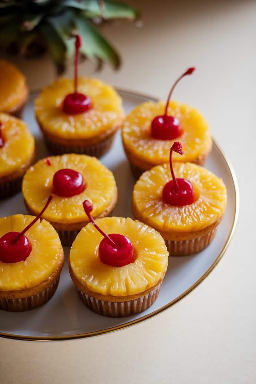 An indoor plate showcasing pineapple upside-down mini cupcakes with caramelized pineapple rings and maraschino cherry centers. No text or logos.