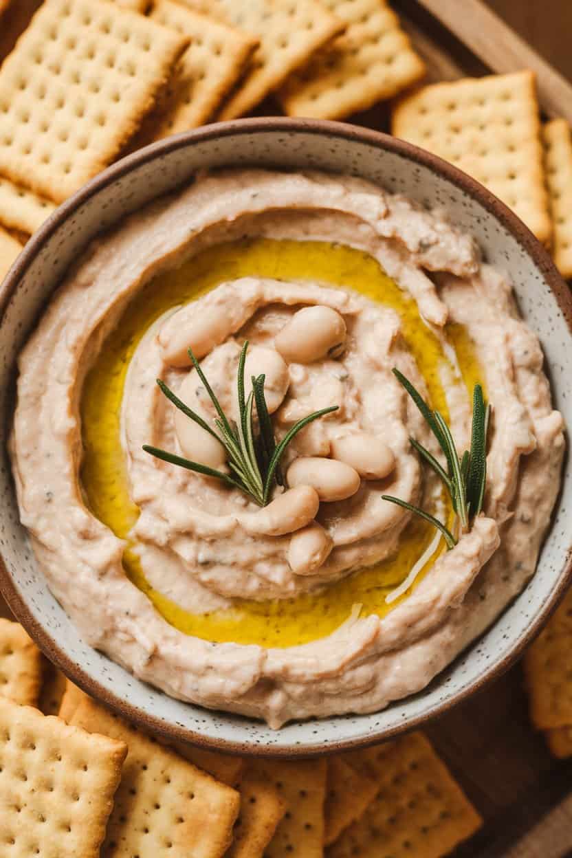 Indoor photo of creamy white bean dip in a shallow bowl swirled with olive oil and rosemary, crackers alongside. No text or logos.
