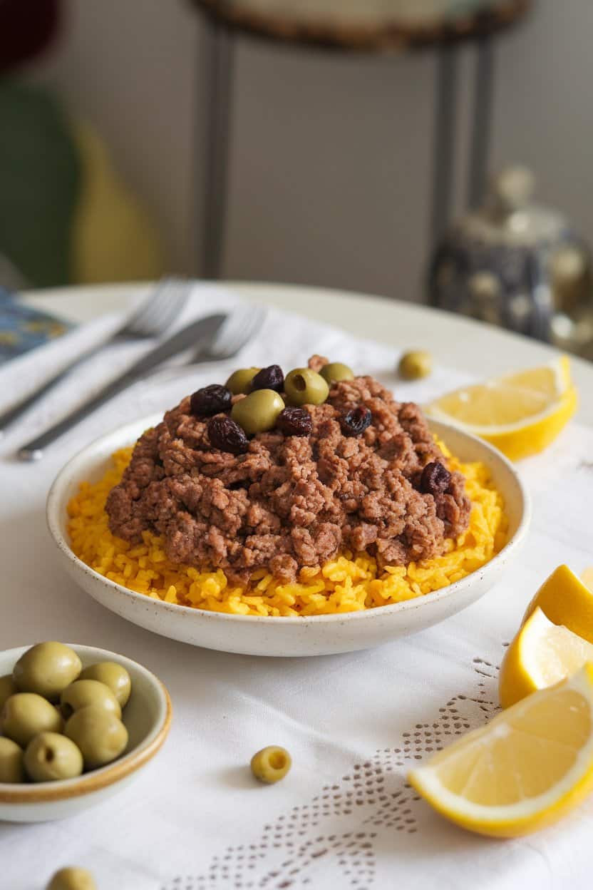 An indoor table featuring a bowl of yellow rice topped with ground beef picadillo studded with olives and raisins. No text or logos.