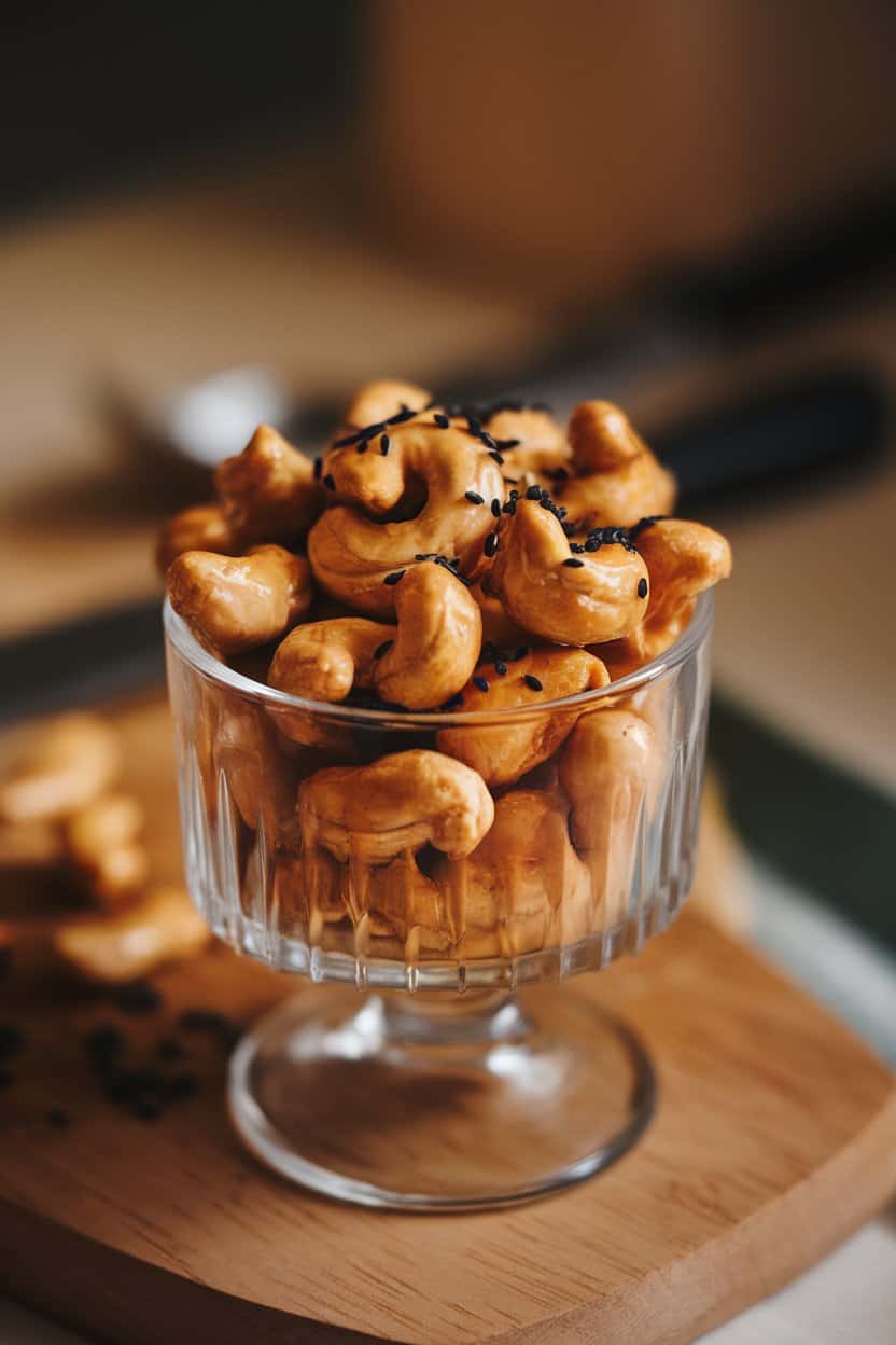Indoor photo of roasted cashews glazed with maple syrup and sprinkled with sesame seeds in a glass serving cup; soft kitchen light, no text or logos.