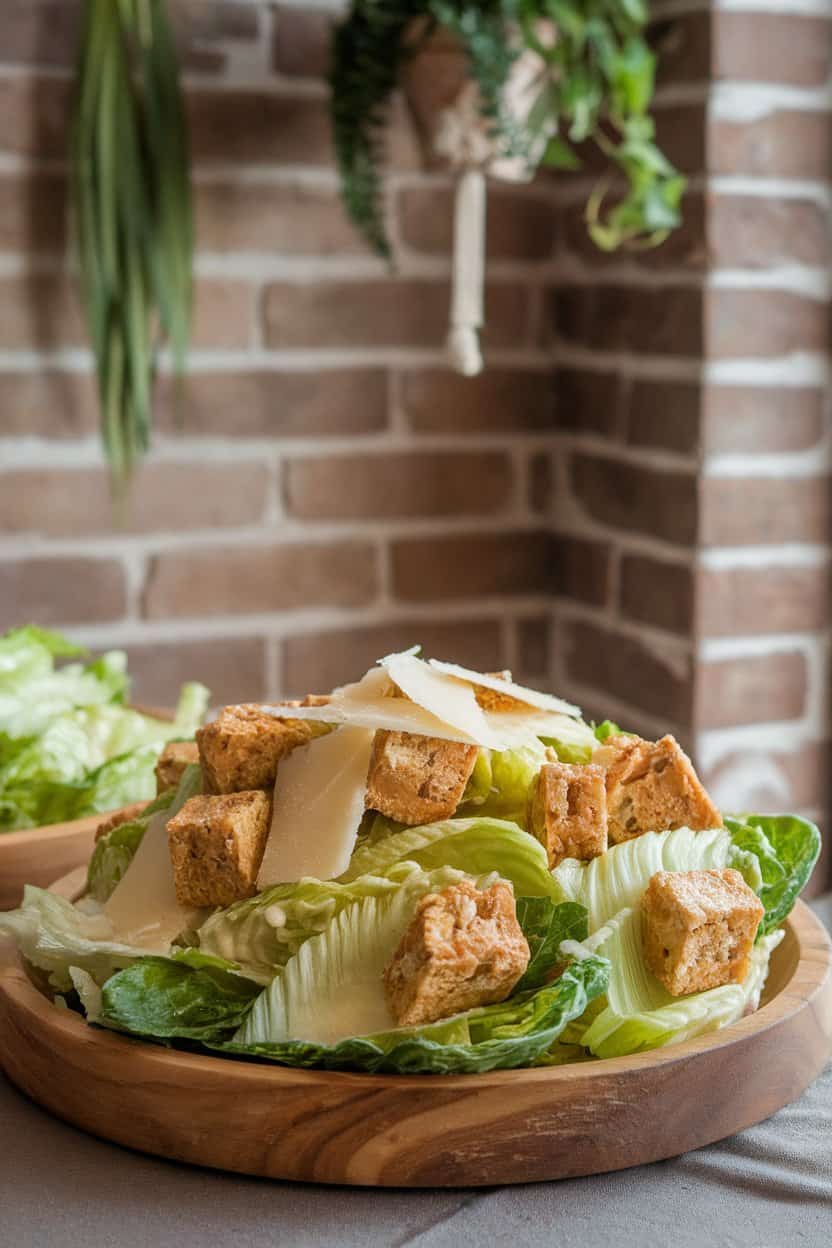 An indoor lunch table photo of romaine leaves tossed in Caesar dressing, topped with crunchy tofu croutons and shaved Parmesan; no text or logos in scene.