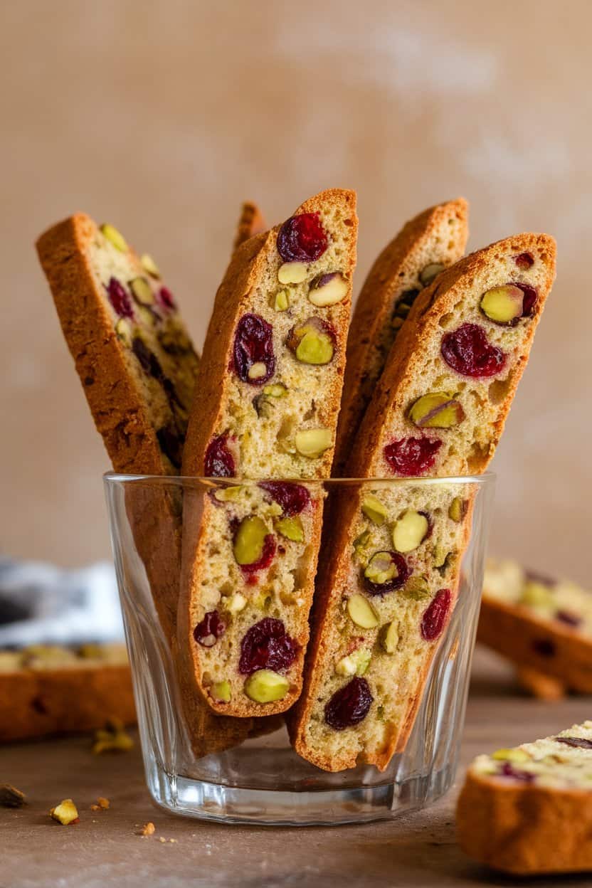 Indoor photo of sliced vegan cranberry pistachio biscotti stood upright in a glass, vibrant green nuts and red fruit visible, no text or logos