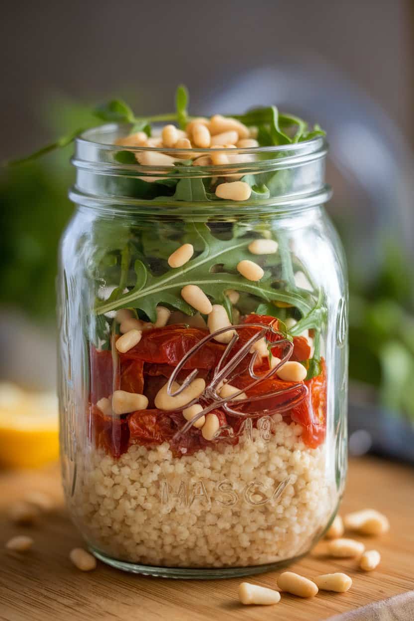 Photo of a mason jar indoors layered with fluffy couscous, chopped sun-dried tomatoes, arugula, and toasted pine nuts. No text or logos visible.