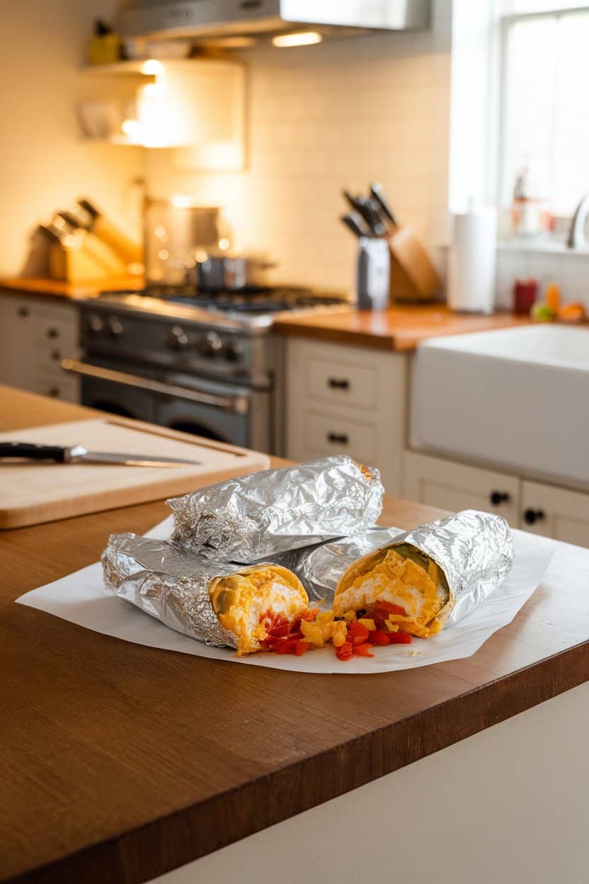 An indoor kitchen island featuring foil-wrapped burritos, with one cut open to reveal scrambled eggs, cheese, and sautéed peppers. Warm lighting, no text or logos. Photograph only.