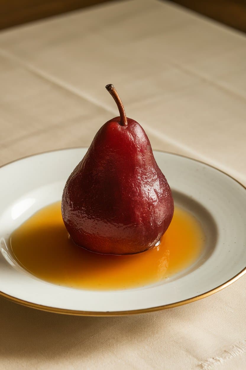 Indoor dessert plate with a whole poached pear standing upright, deep ruby color from spiced poitín syrup pooling around it. No text or logos. Photo.