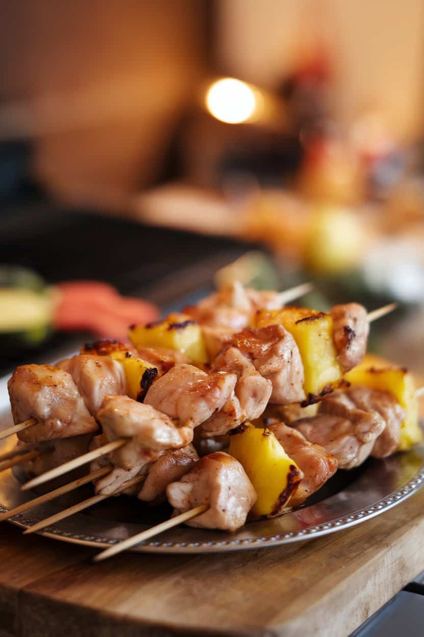 Indoor photo of cooked chicken and pineapple skewers resting on a platter, light glaze visible; warm indoor grill-side lighting, no text or logos