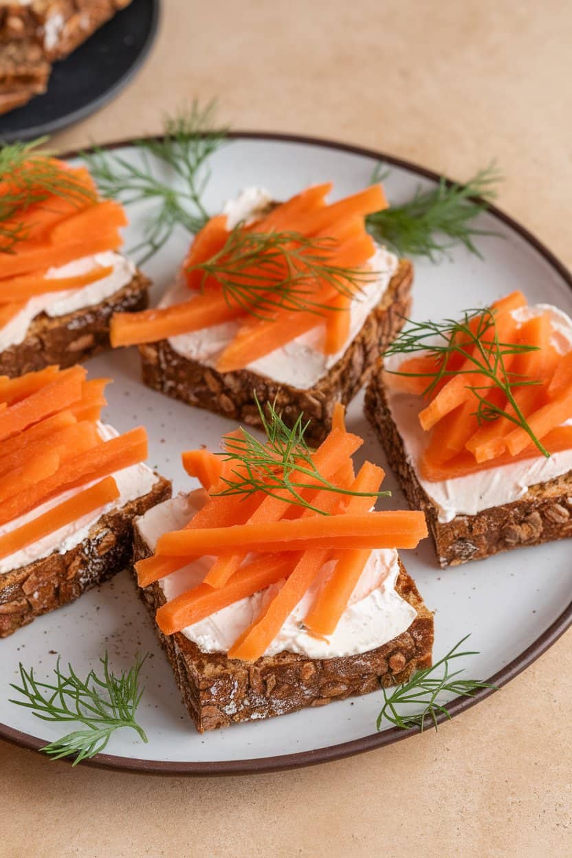 Indoor photo of pumpernickel squares topped with vegan cream cheese and thin orange carrot “lox,” garnished with dill. No text or logos.