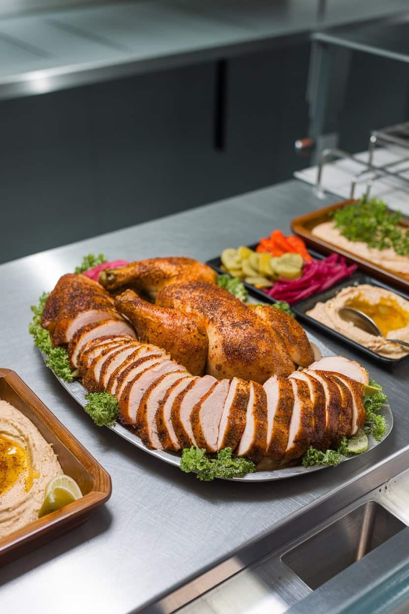 Indoor counter with a platter of sliced, spice-rubbed roast chicken alongside pickled veggies and hummus, no text or logos.