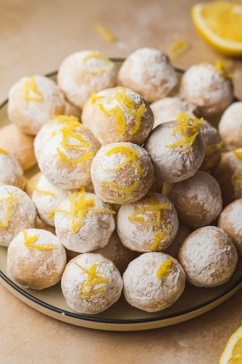 Photo: Round white chocolate truffles rolled in powdered sugar and lemon zest, grouped on a plate indoors. No text or logos.