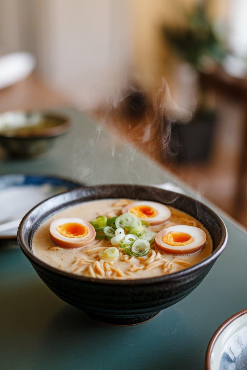 A bowl of steaming ramen noodles in creamy coconut broth, topped with soft-boiled egg halves and sliced scallions, indoor table setting. No text or logos. Photo only.