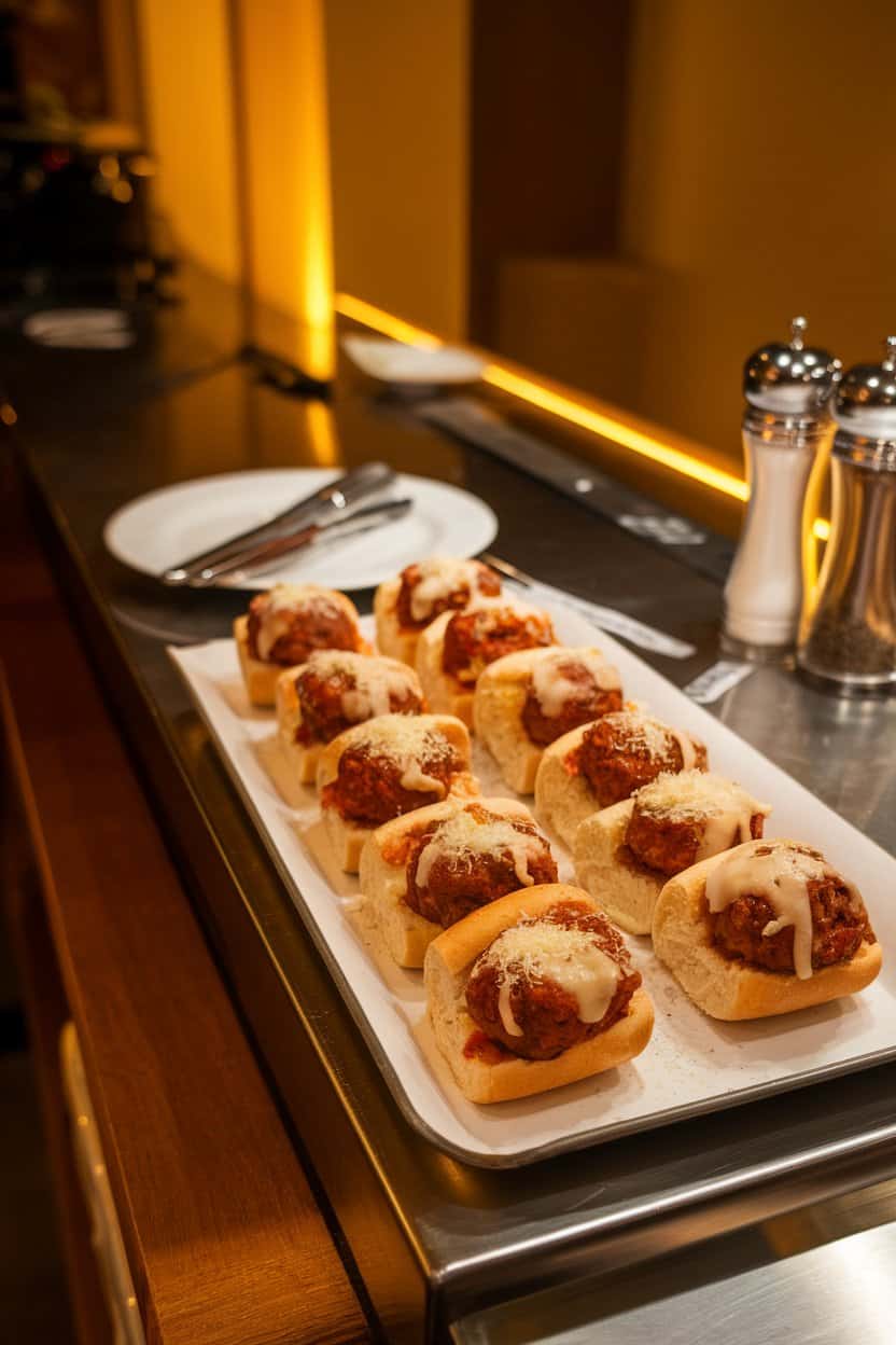 An indoor counter showing small rolls lined up, each with saucy meatballs and melted provolone. Warm lighting, no text or logos.