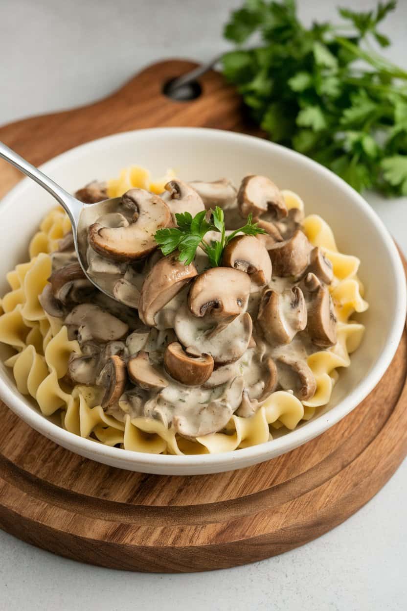 Indoor photo of mushroom stroganoff spooned over egg noodles, parsley on top—no visible branding