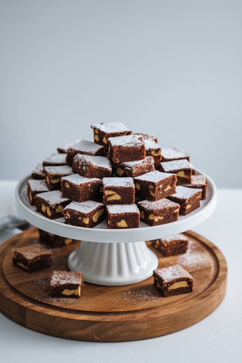 A white cake stand indoors stacked with mini brownie squares dusted lightly with powdered sugar. No text or branding in the image.