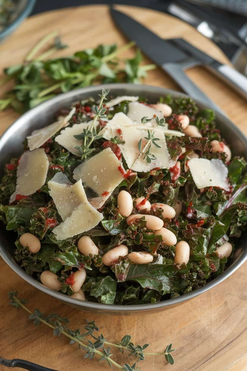 Indoor bowl of massaged kale leaves mixed with cannellini beans, shaved Parmesan, and a red-hued vinaigrette, no text or logos.