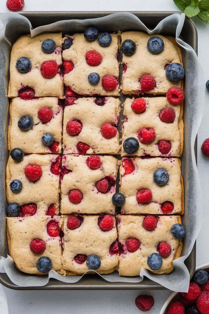 Indoor photo of a parchment-lined baking pan of sheet-pan protein pancakes cut into neat squares, fresh berries scattered around; no text or logos in view.