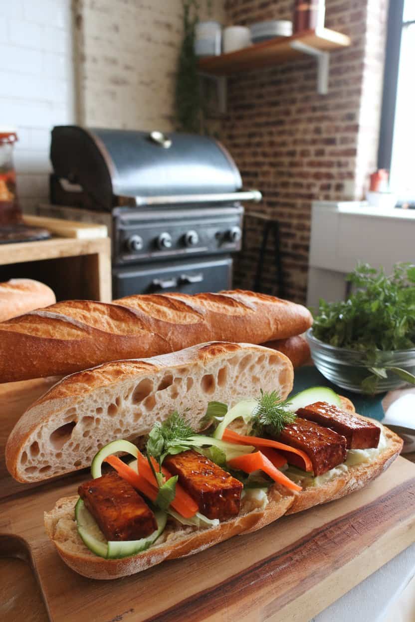 An indoor kitchen photo of a crusty baguette split open and filled with glazed tofu slices, pickled carrots, cucumber ribbons, and fresh herbs; no text or logos visible.