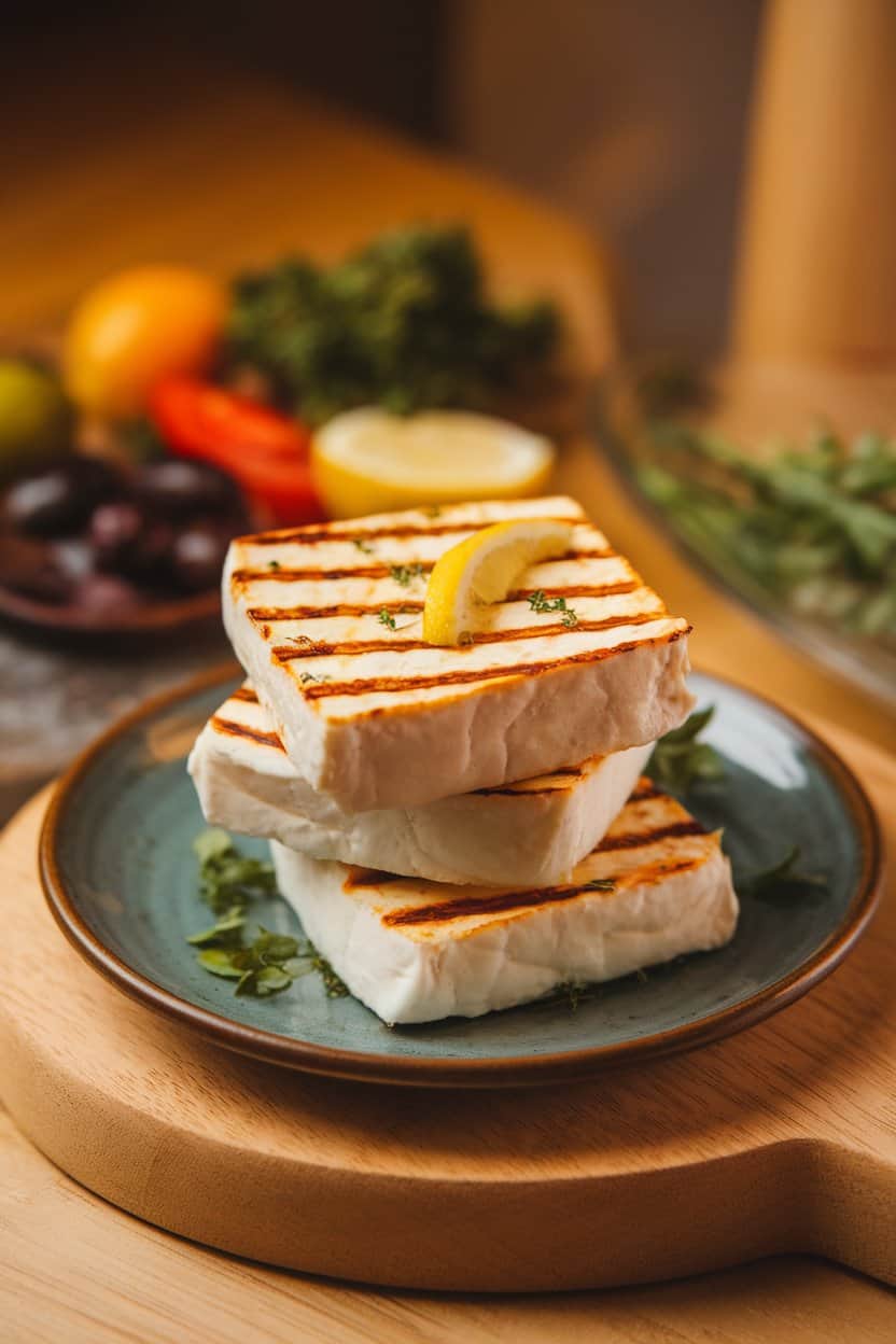 Indoor photo of seared halloumi squares with pronounced grill marks stacked on a small plate, a drizzle of lemon juice visible; warm kitchen lighting, no text or logos.