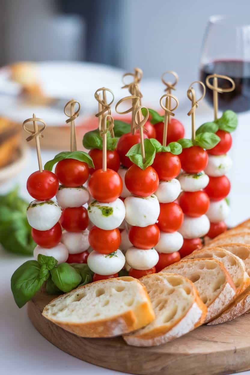 An indoor appetizer platter with short skewers threading cherry tomatoes, mozzarella pearls, and basil leaves, lightly drizzled with green basil oil. No text or logos; photo.