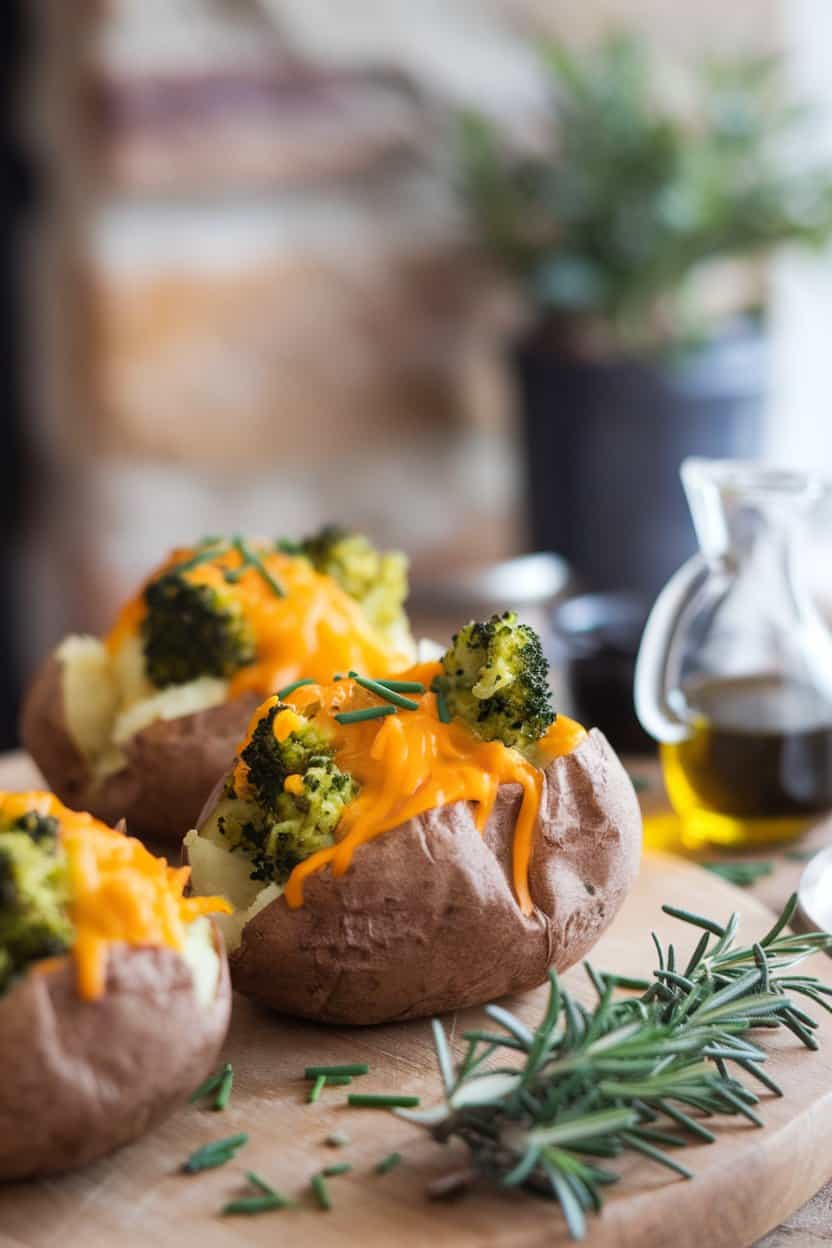 Indoor photo of split baked potatoes overflowing with broccoli florets and molten cheddar cheese, sprinkled with chives. No text or logos.