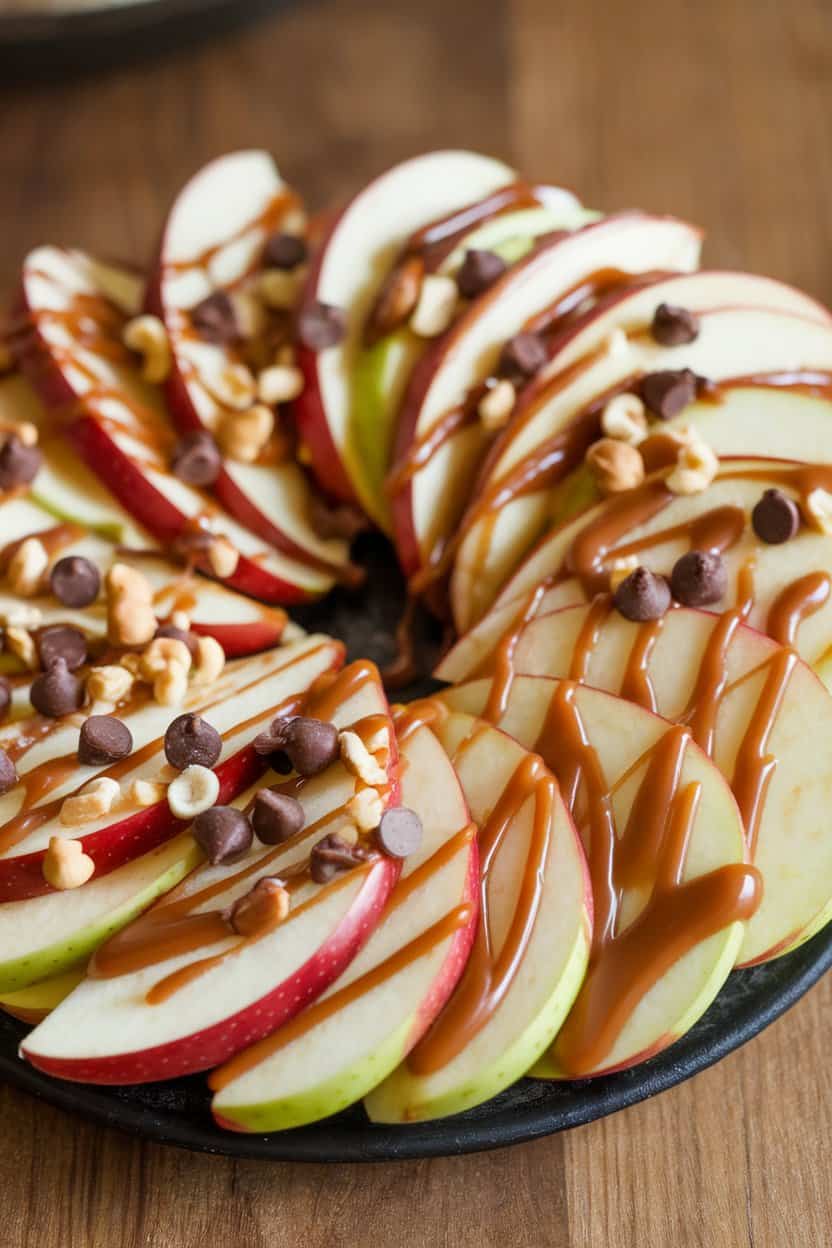 Indoor image of thin apple slices arranged like nachos on a platter, drizzled with warm caramel and sprinkled with mini chocolate chips and nuts. No text or logos present.