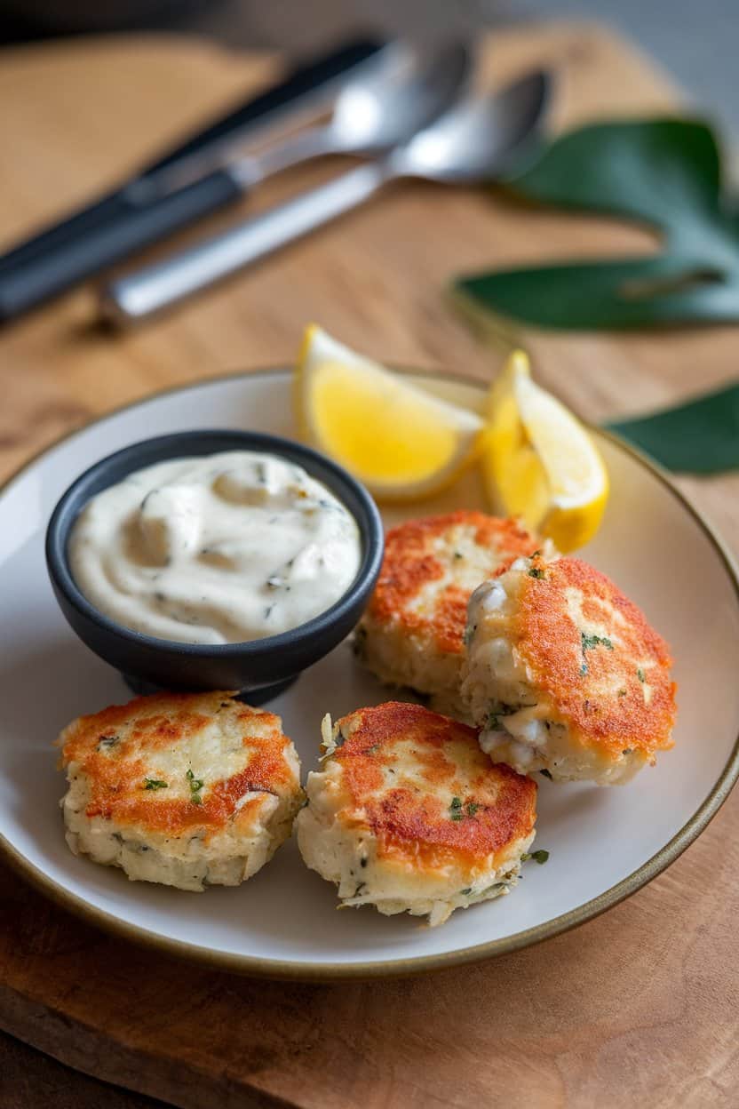 An indoor serving plate of golden mini crab cakes with a small bowl of creamy remoulade sauce, lemon wedges on the side. No text or logos; photo.
