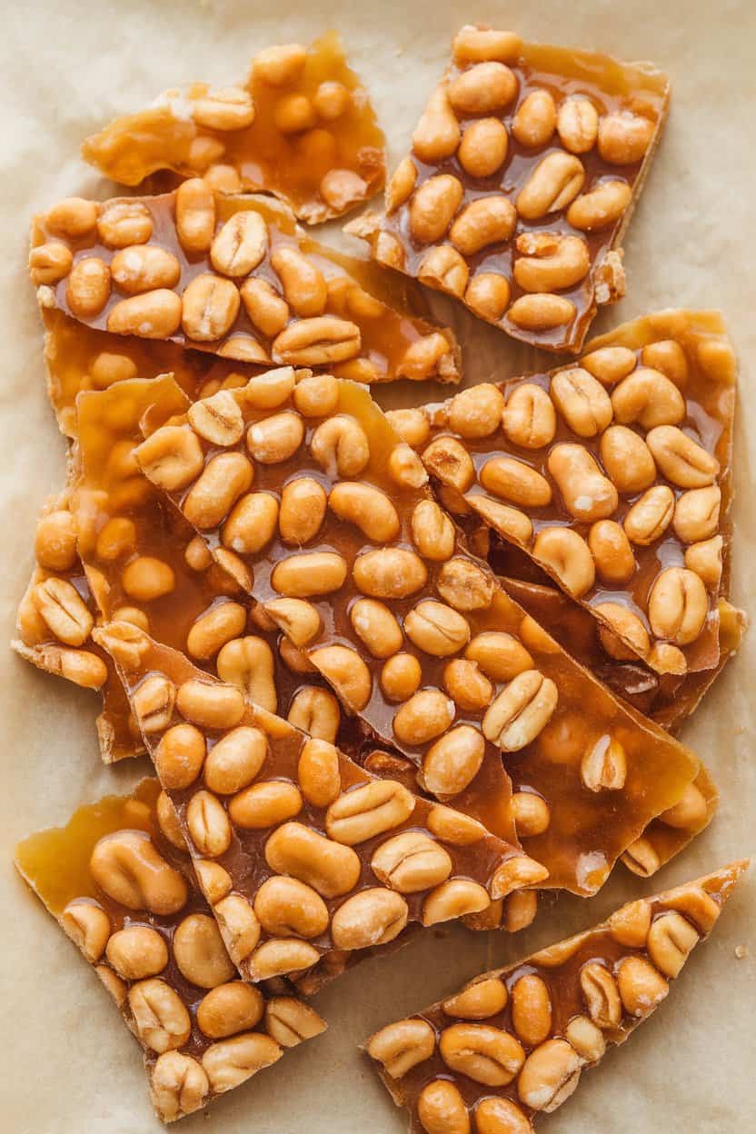 An indoor close-up of amber peanut brittle shards on parchment paper, slight shine from honey glaze. No text or logos, photo.