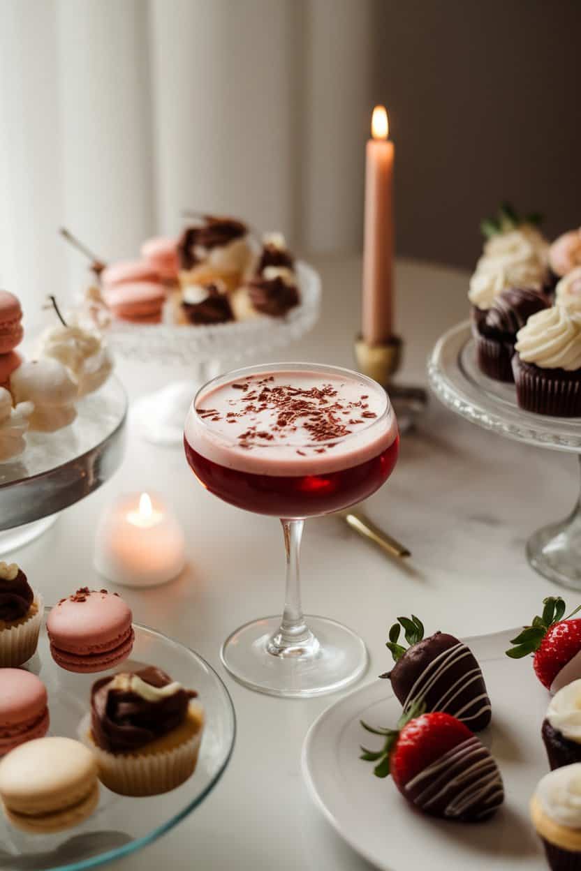 Photo of an indoor dessert dining table featuring a coupe glass of deep red cherry mocktail with chocolate shavings sprinkled on foam, low romantic light; no text or logos.