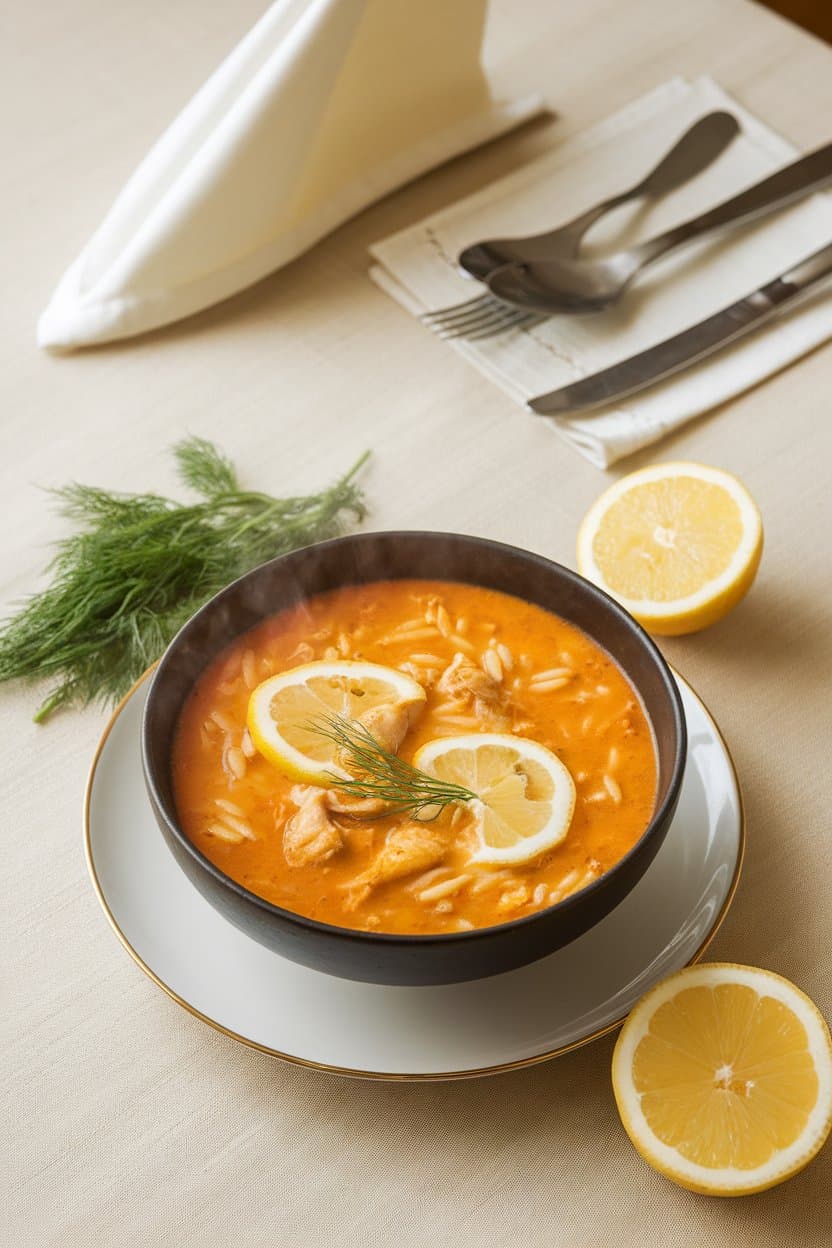 Indoor dining table with a bright bowl of chicken orzo soup garnished with lemon slices and fresh dill; no text or logos.
