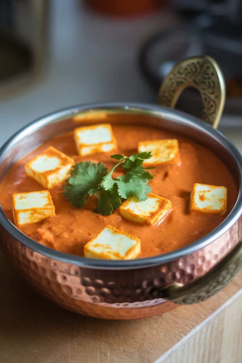 An indoor copper bowl filled with orange tikka masala sauce and golden paneer cubes, cilantro garnish, no text or logos.