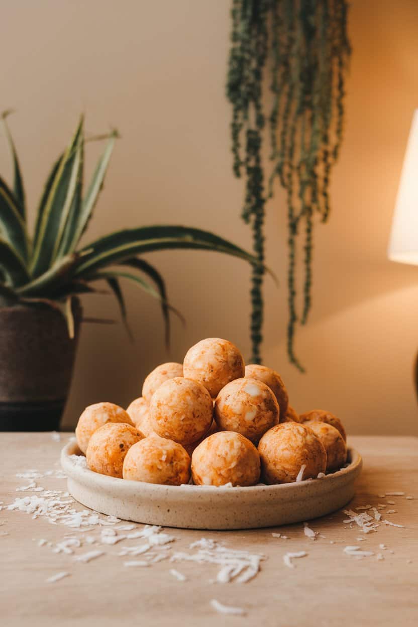 Indoor photo of small round orange-flecked energy balls on a ceramic dish, some shredded coconut scattered around; no text or logos present.