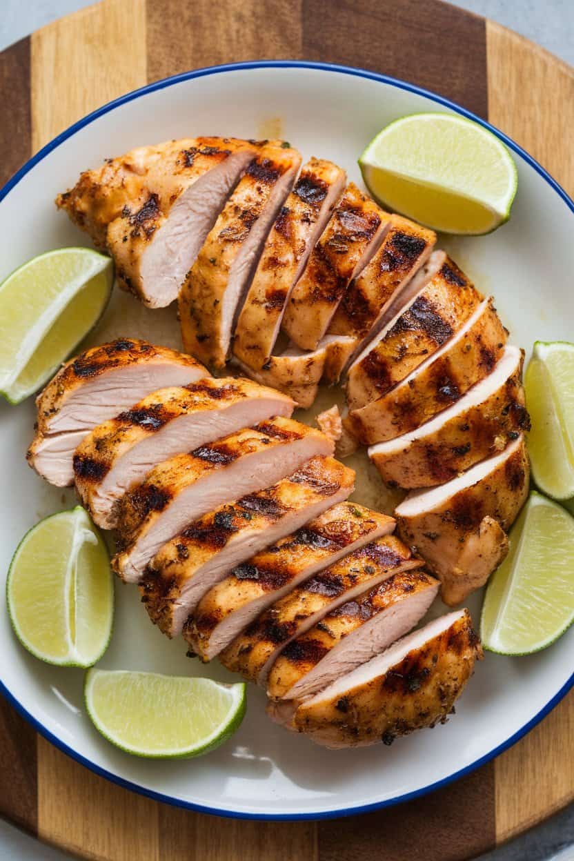 Indoor photo of sliced cooked chicken breast with visible grill marks, garnished with lime wedges on a platter; no text or logos